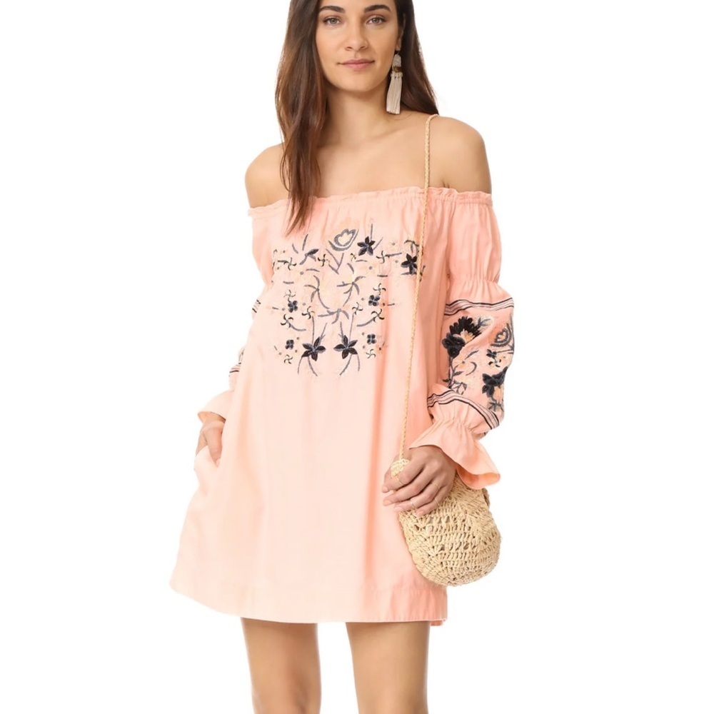 Free People Fleur Du Jour Off the Shoulder Embroidered Long Sleeve Mini Dress